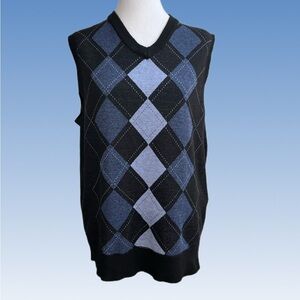 Stylish V-Neck Argyle Sweater Vest in Black and Blue size L